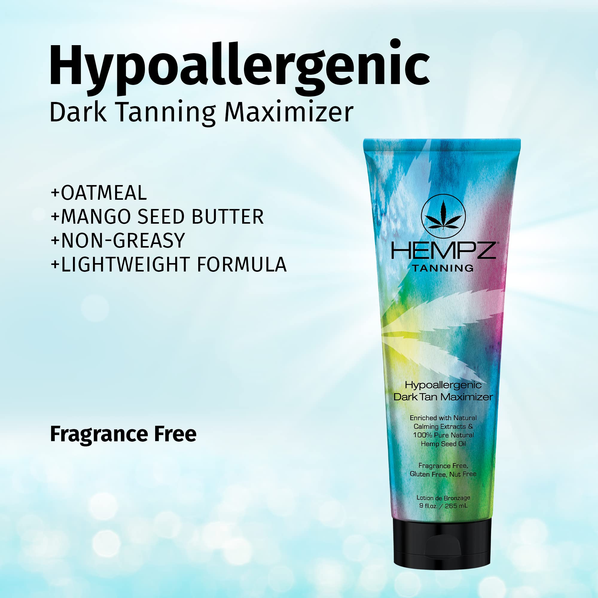 Back view of Hempz Hypoallergenic Dark Tan Maximizer bottle with product details