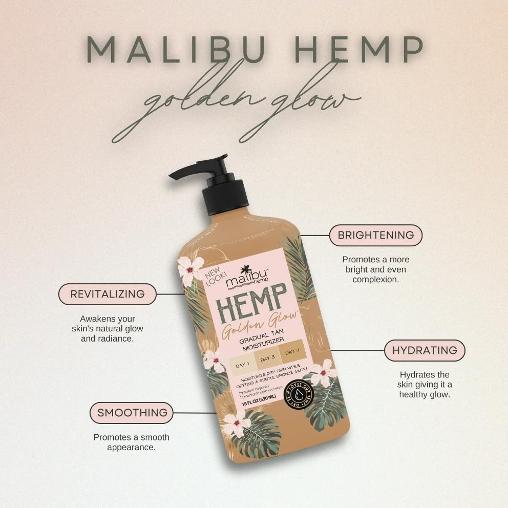 Close up of Malibu Tan Hemp Golden Glow labeling and details