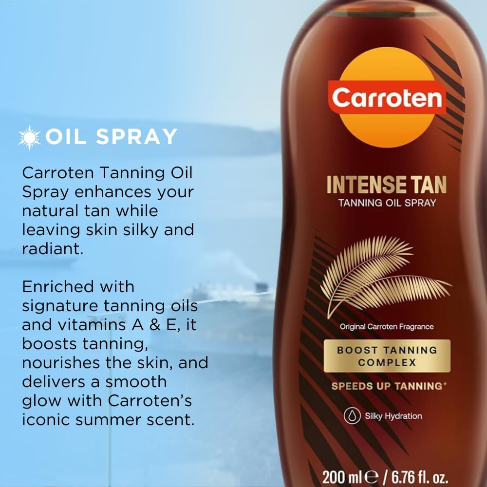 Close up of Carroten tanning oil spray nozzle and packaging