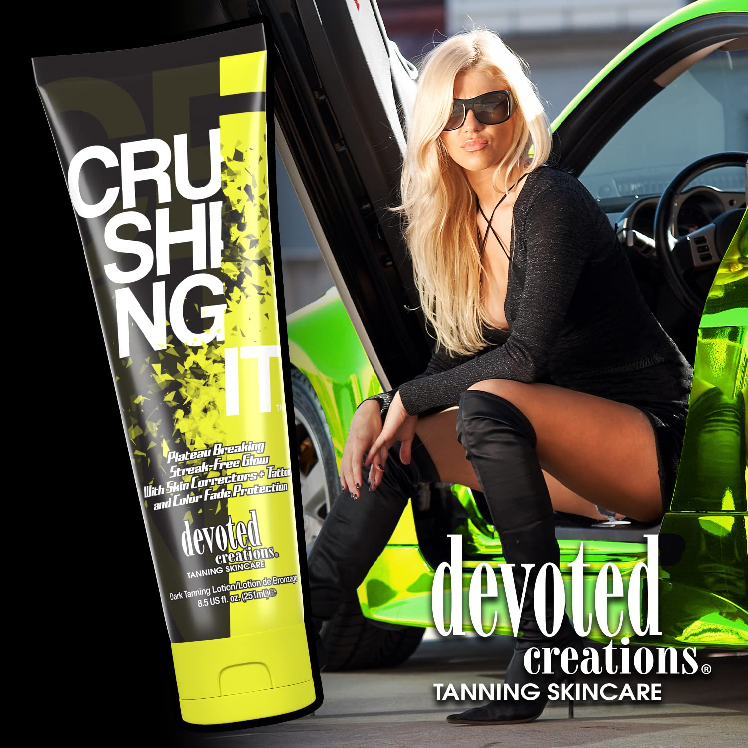 Authentic Devoted Creations Crushing It tanning lotion bottle size comparison