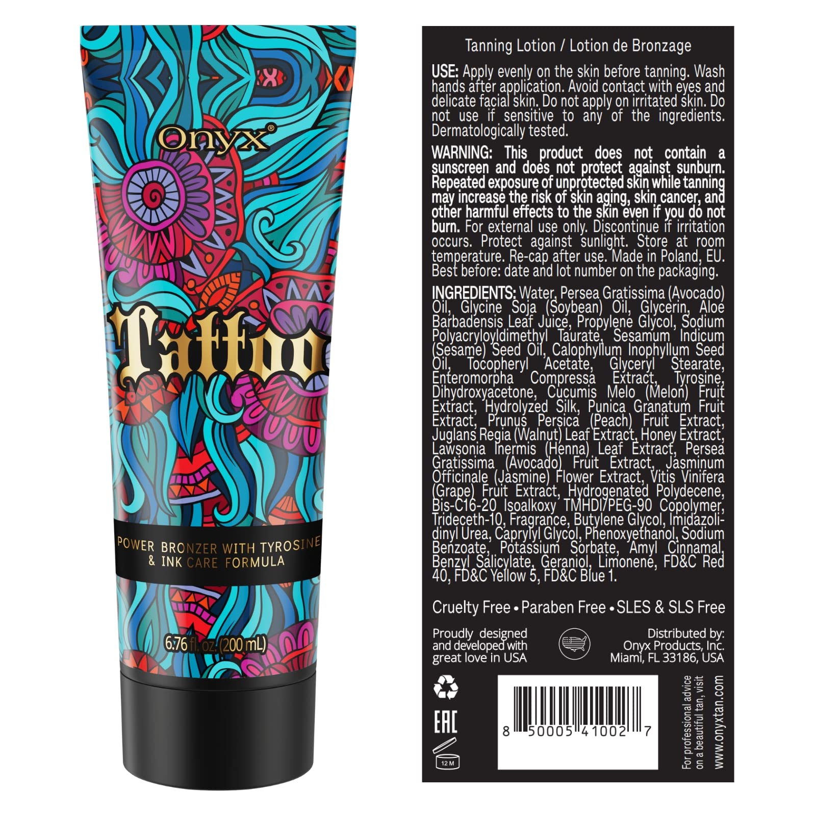 Onyx tanning lotion bottle with blue and red artistic design
