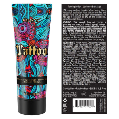 Onyx tanning lotion bottle with blue and red artistic design