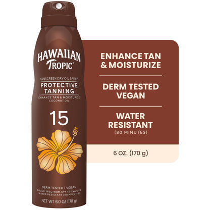 Hawaiian Tropic tanning spray bottle label details