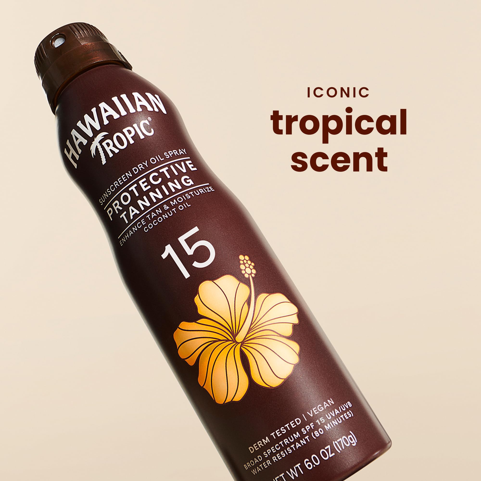 Back side of Hawaiian Tropic dry oil sunscreen showing ingredients