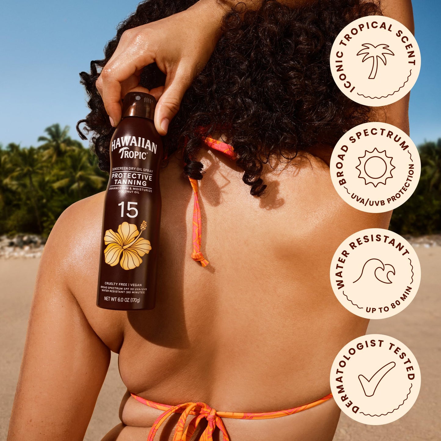 Hawaiian Tropic dry oil spray for beach and summer skin care