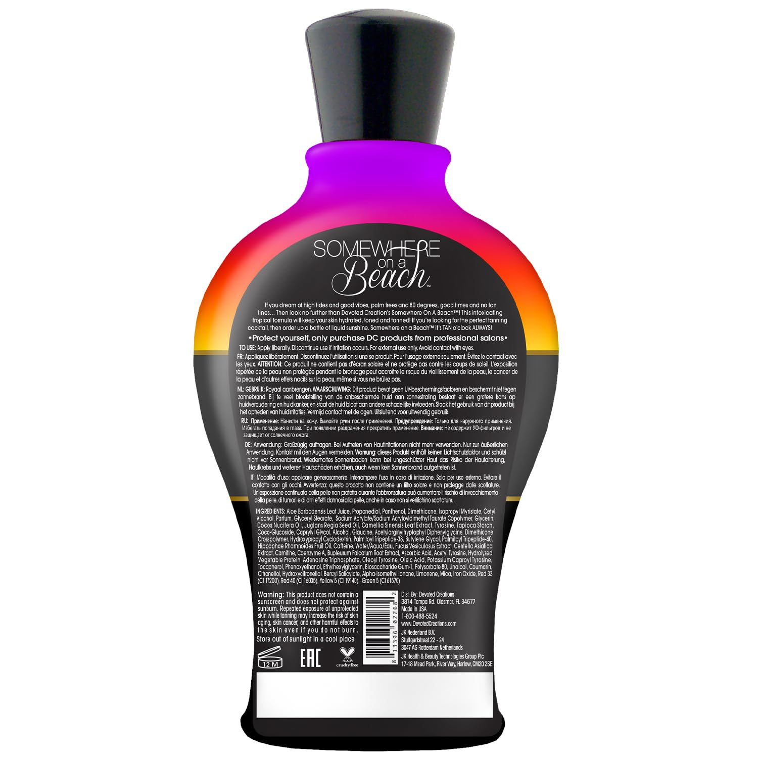 Devoted Creations Somewhere on a Beach dark tanning lotion product label