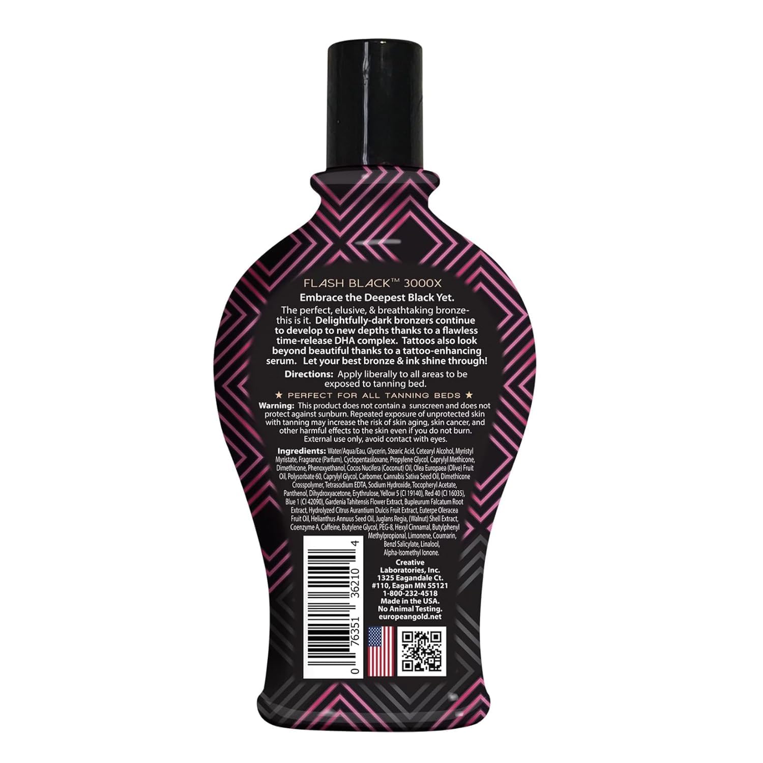 European Gold 3000X liquid tanning lotion bottle showing skin conditioning oil features