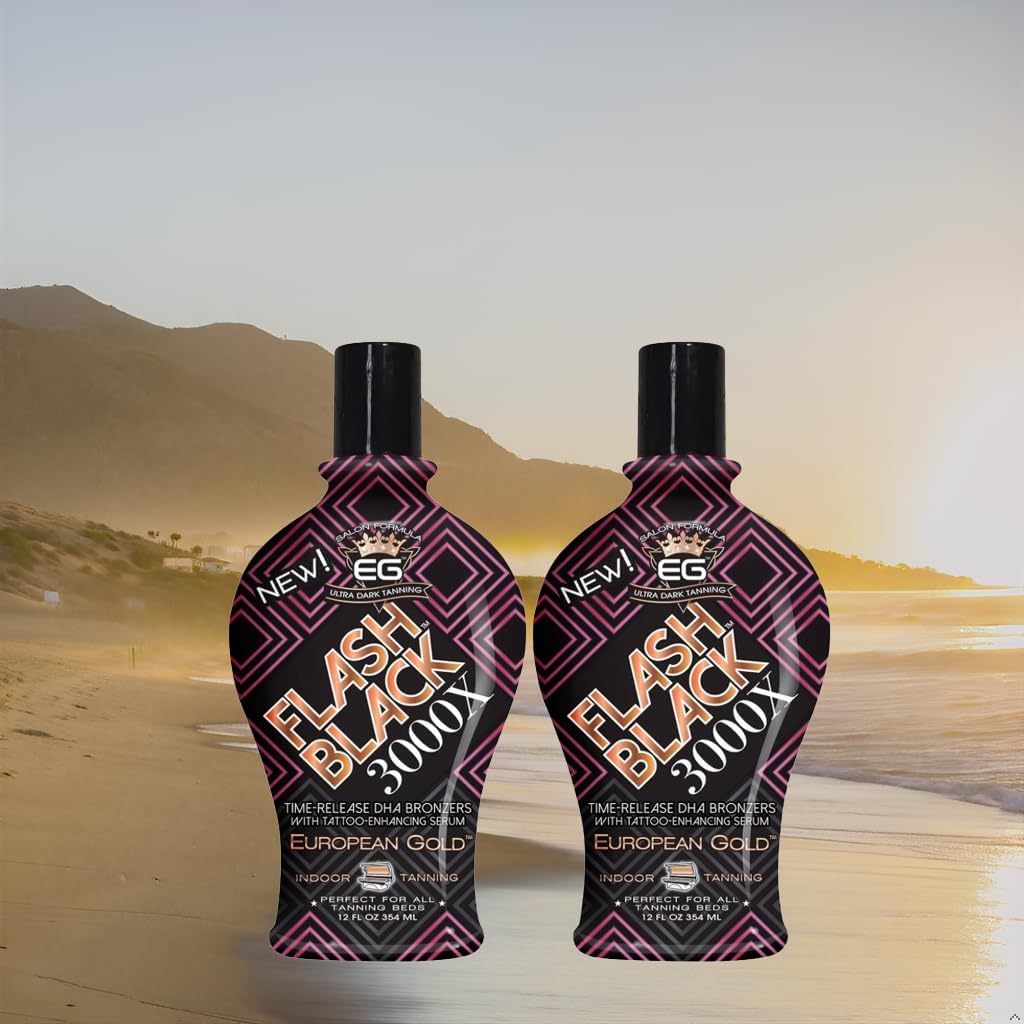 European Gold Flash Black indoor bronzing cream with tattoo protection serum label text