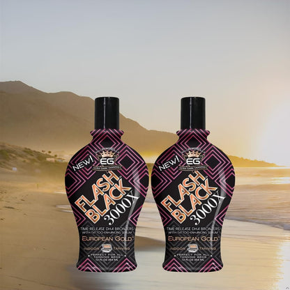 European Gold Flash Black indoor bronzing cream with tattoo protection serum label text
