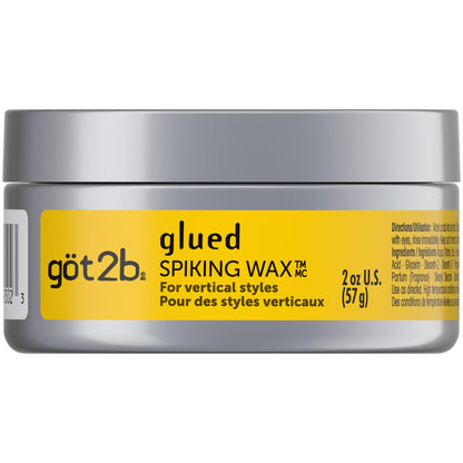 Got2b Glued Spiking Wax container showcasing product texture and fierce hold styling benefits