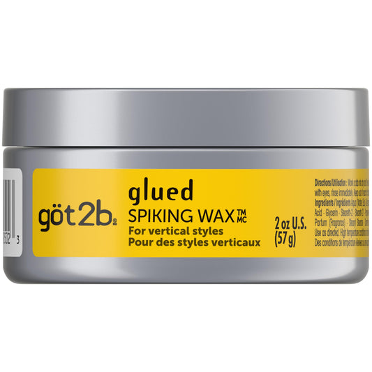 Got2b Glued Spiking Wax container showcasing product texture and fierce hold styling benefits