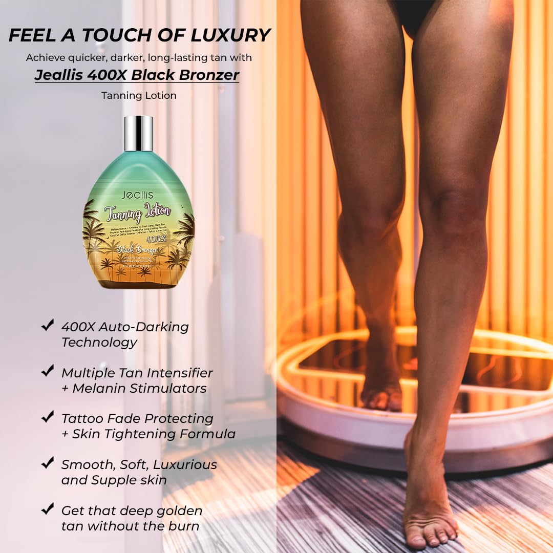 Jeallis tanning accelerator bottle showing tattoo protection feature