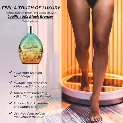 Jeallis tanning accelerator bottle showing tattoo protection feature