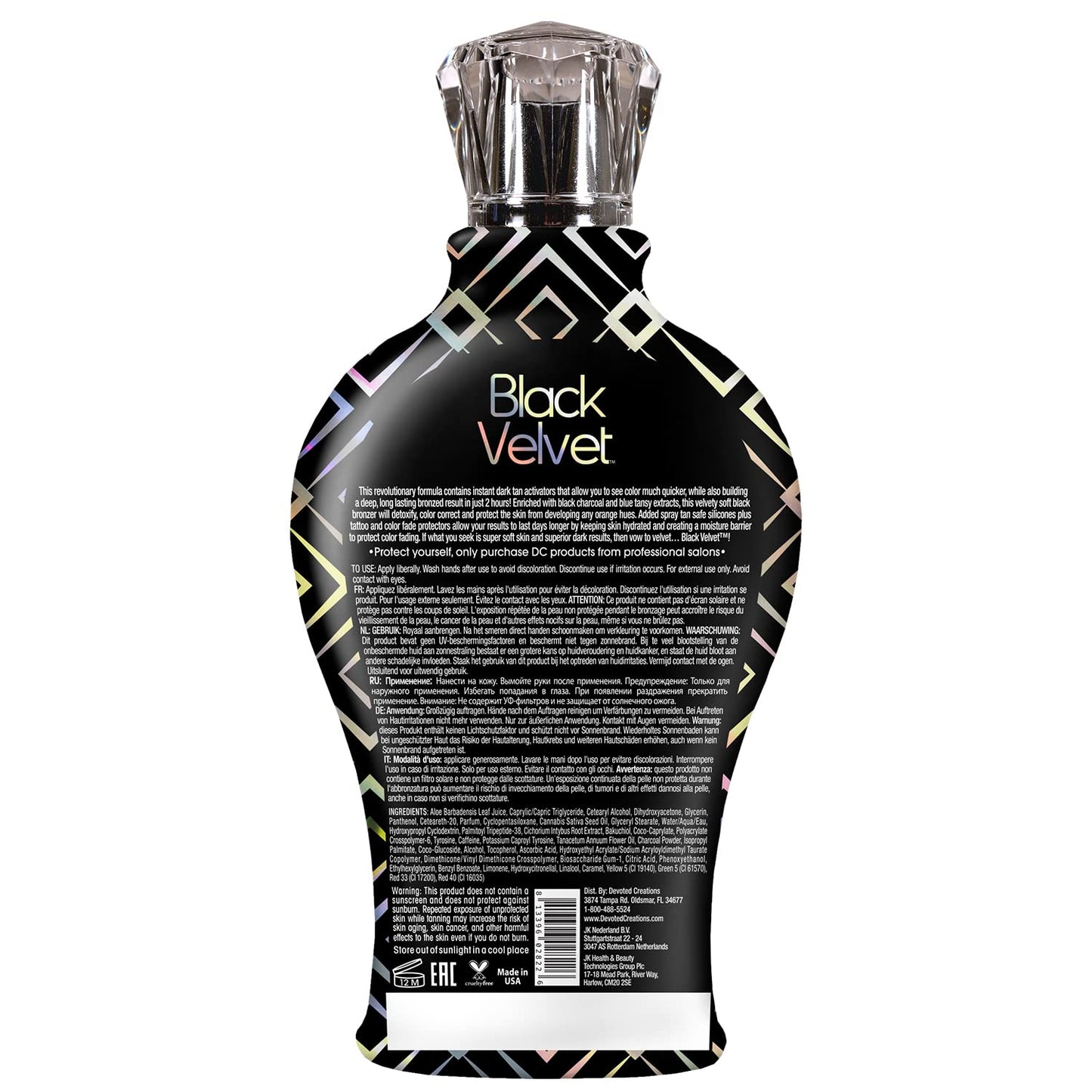 Close up of Devoted Creations Black Velvet bottle highlighting mattifying bronzer features