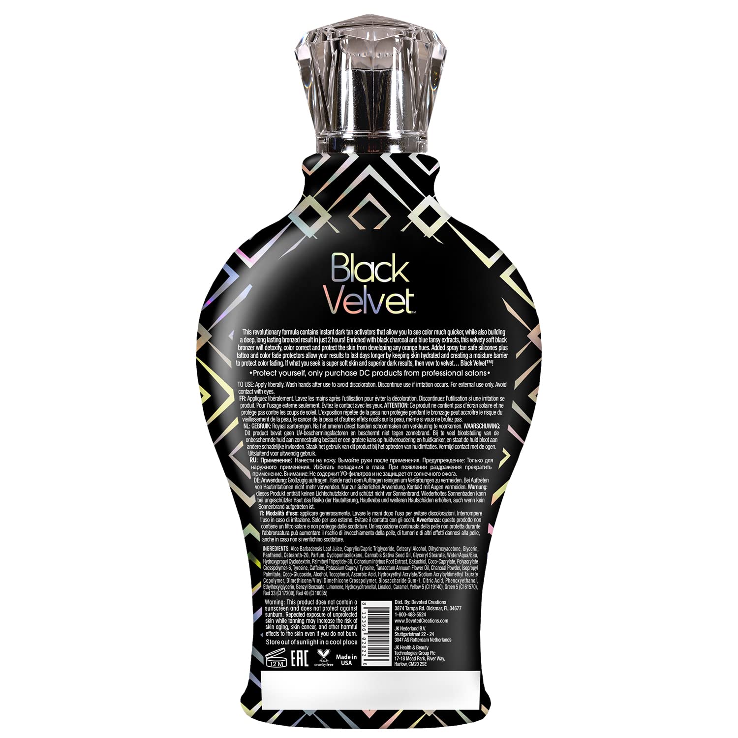 Close up of Devoted Creations Black Velvet bottle highlighting mattifying bronzer features