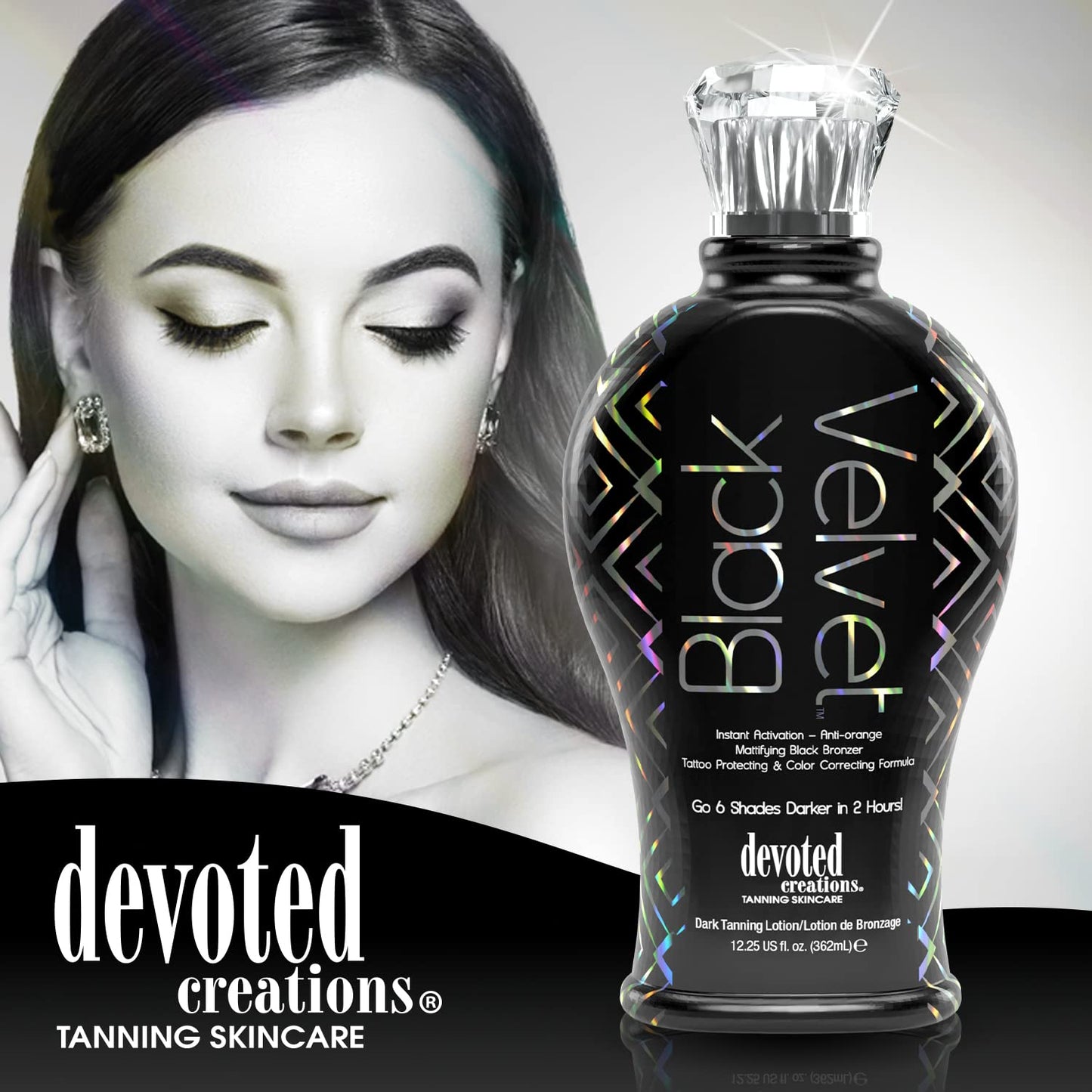 Devoted Creations Black Velvet bottle branding and anti-orange technology details