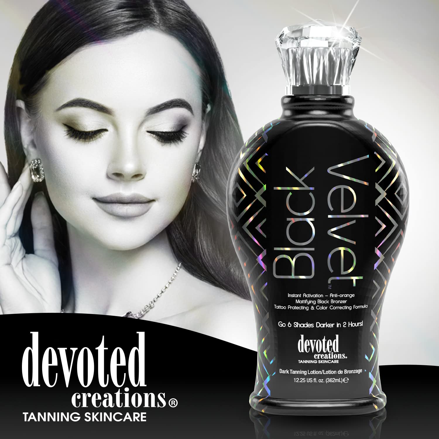 Devoted Creations Black Velvet bottle branding and anti-orange technology details