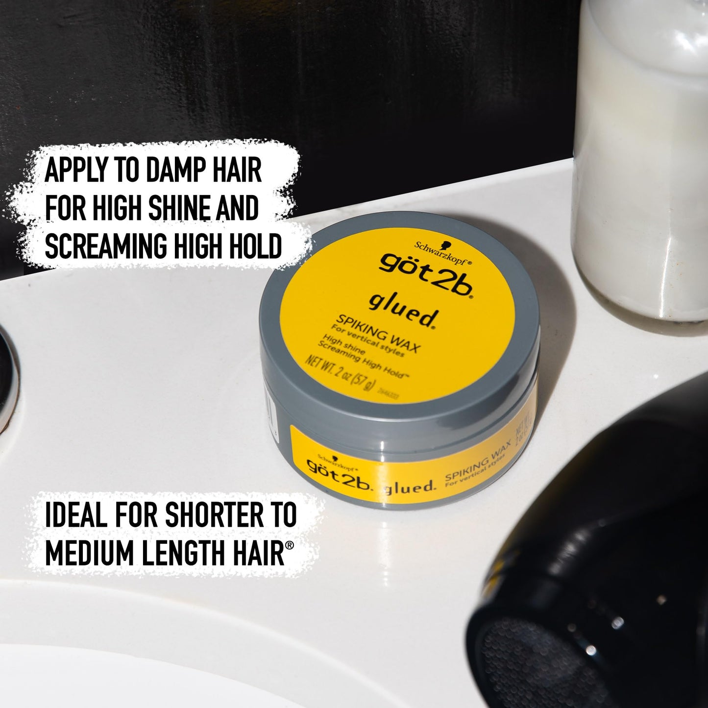 Premium imported grooming product packaging for Got2b Glued Spiking Wax tub close up