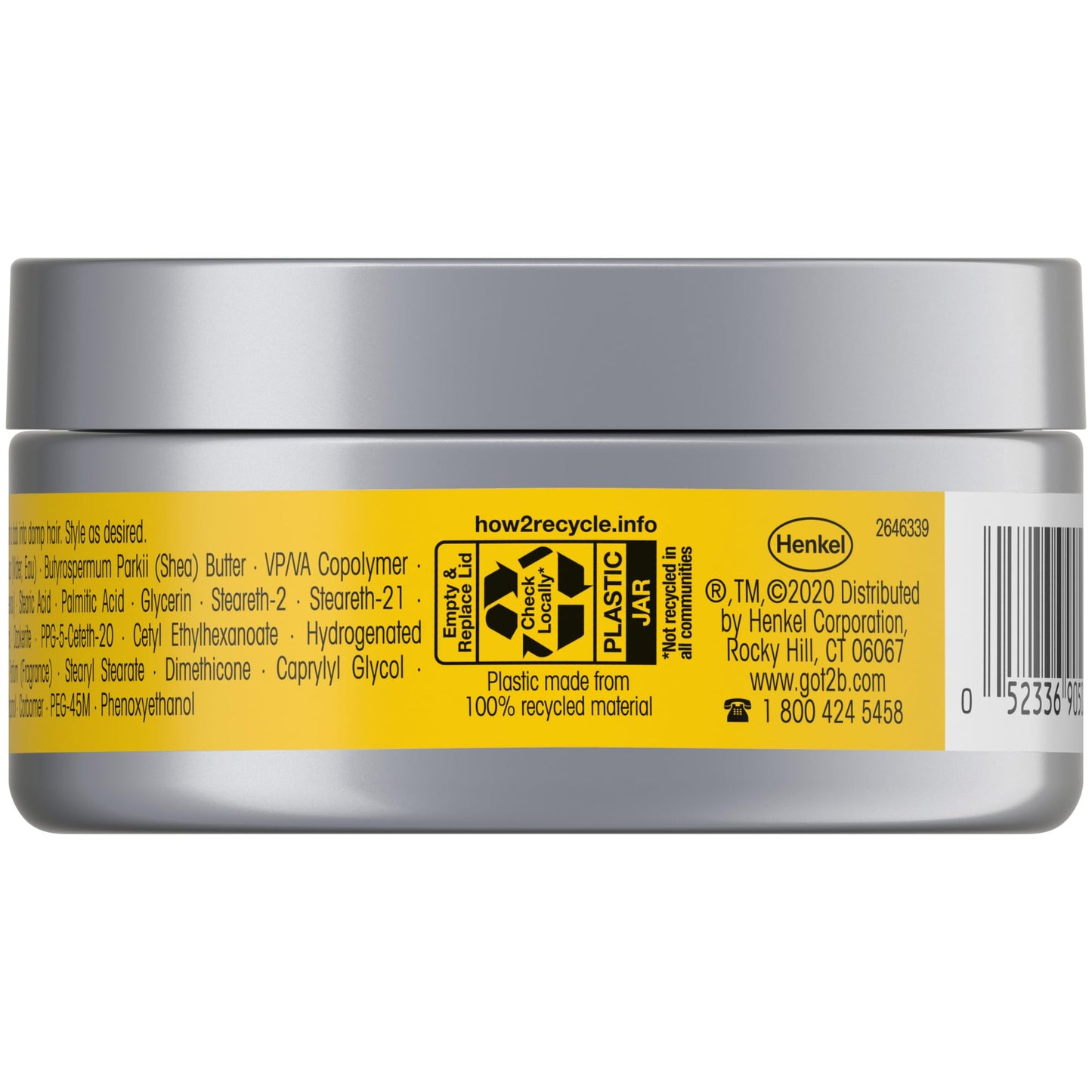 Side angle view of the 2 Ounce Got2b Glued Spiking Hair Wax highlighting usage ingredients