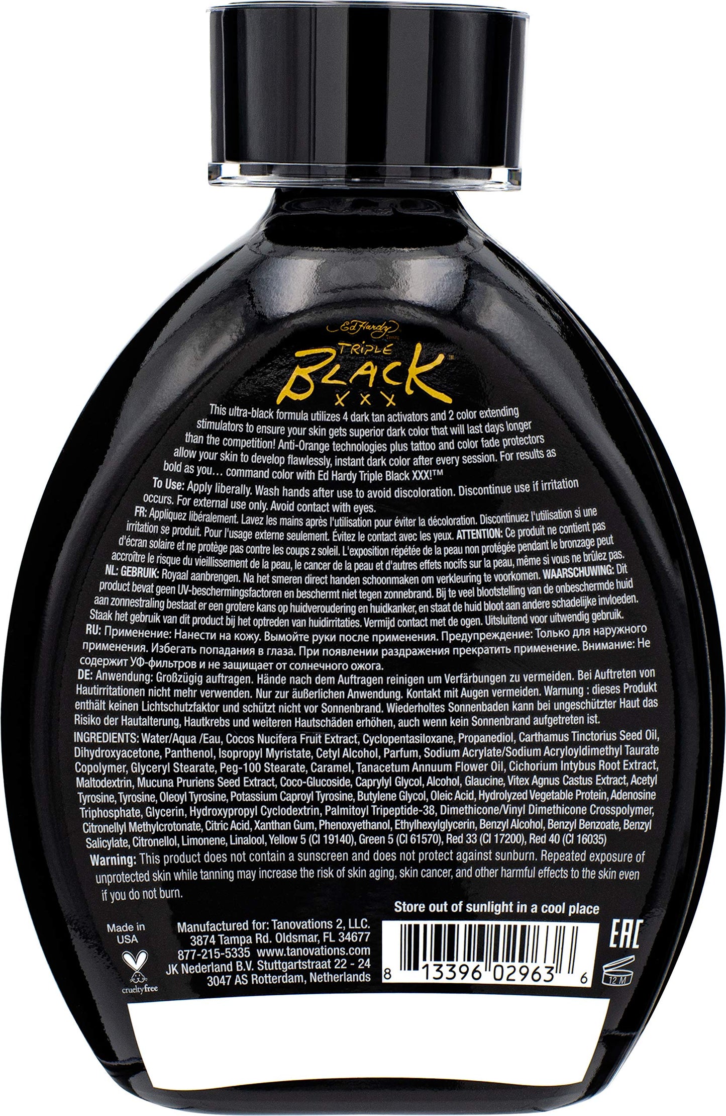 Ed Hardy tanning lotion bottle showing dark color bronzing benefits