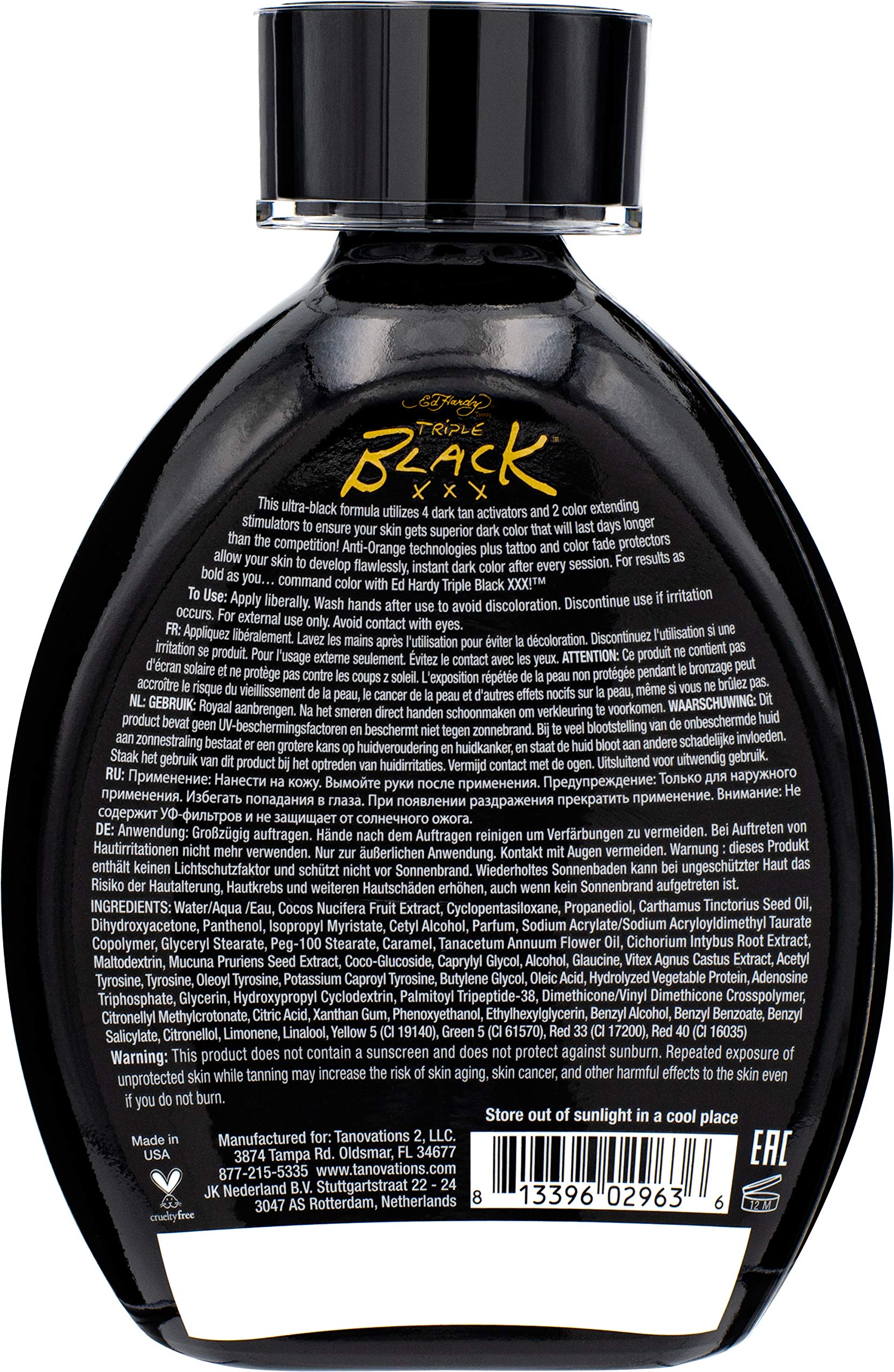 Ed Hardy tanning lotion bottle showing dark color bronzing benefits