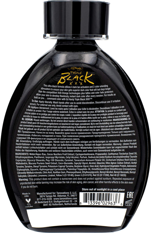 Ed Hardy tanning lotion bottle showing dark color bronzing benefits