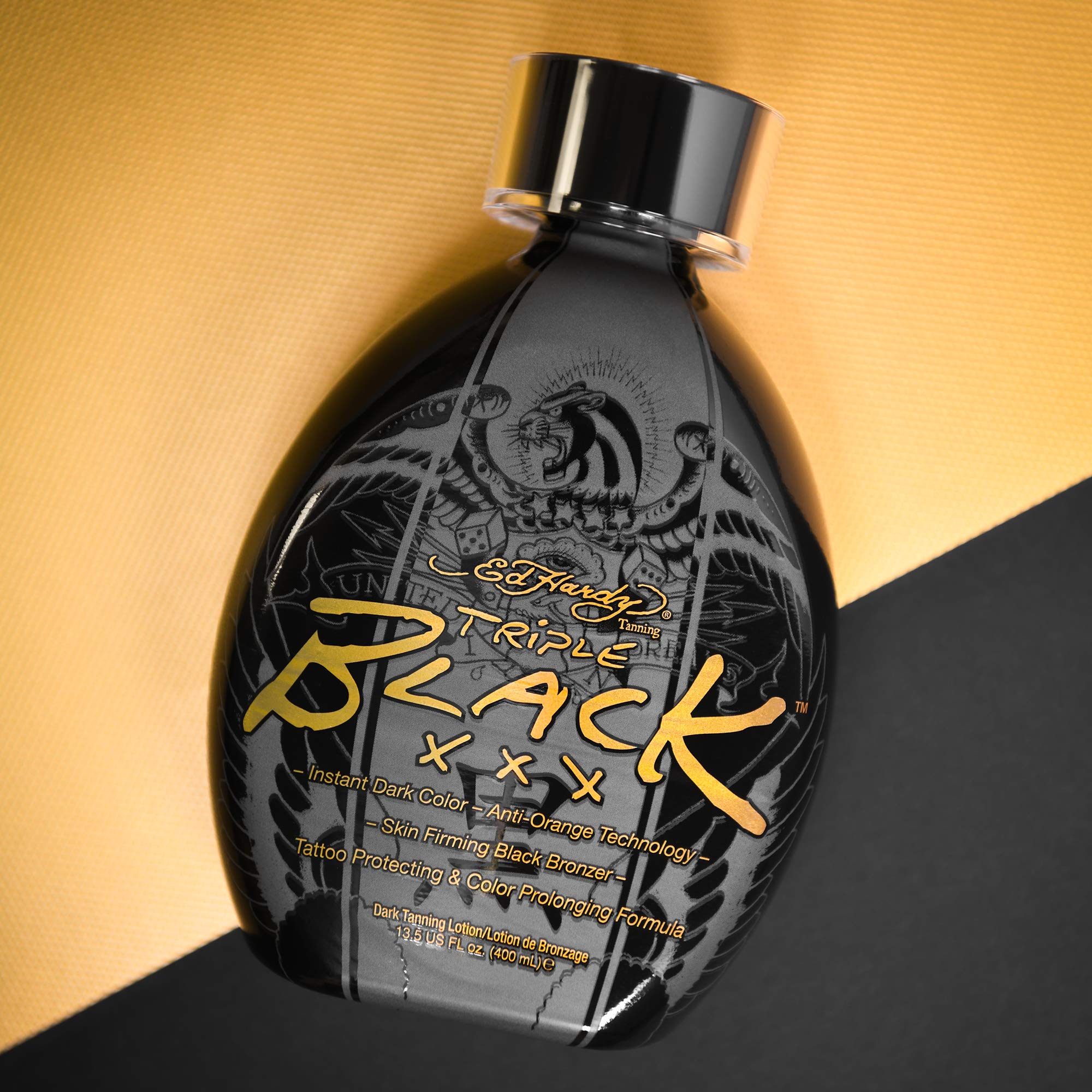 Back label of Ed Hardy Black Triple X tanning lotion bottle