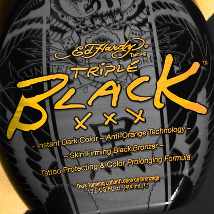 Ed Hardy Black Triple X tanning lotion packaging with tattoo protection label