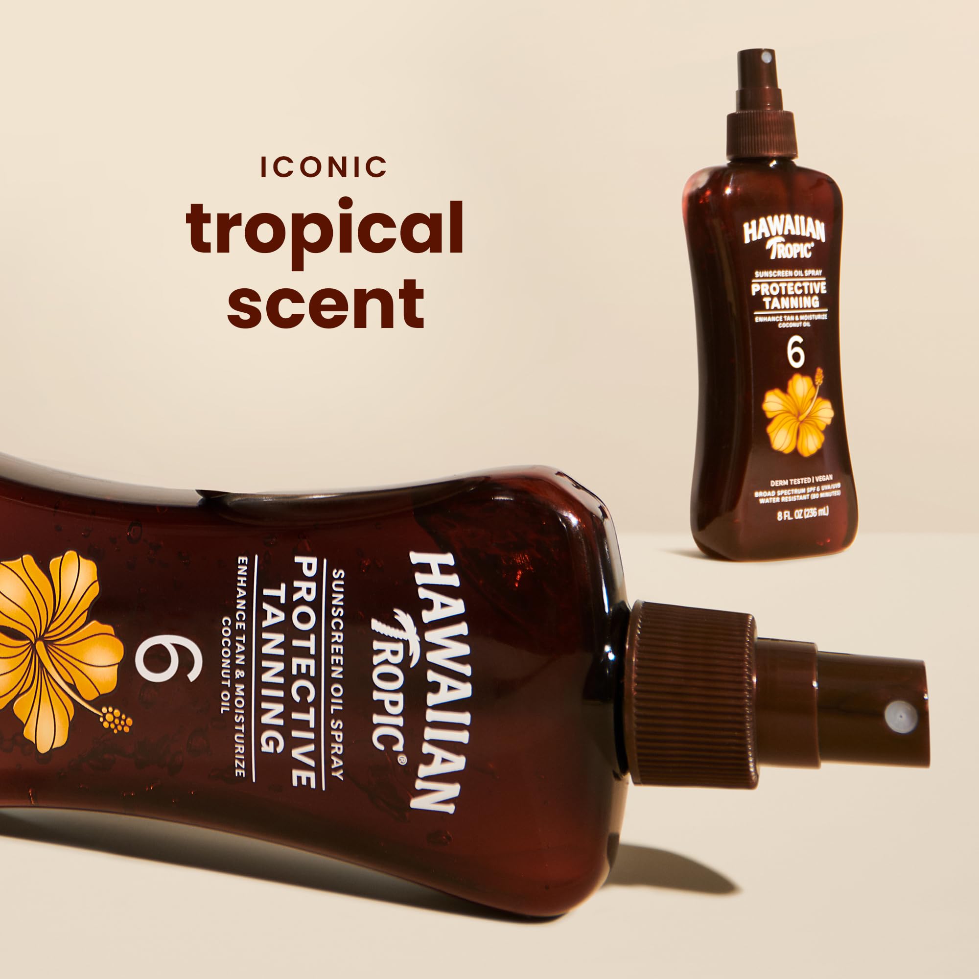 Hawaiian Tropic SPF 6 tanning oil bottle on white background