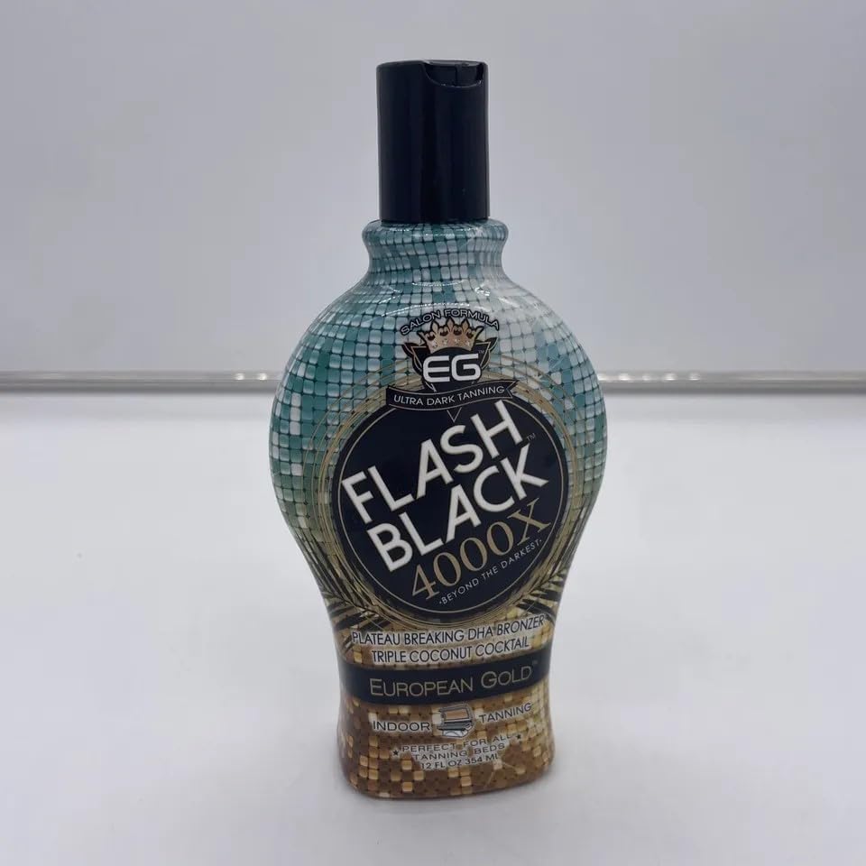 Side view of Flash Black 4000X tanning bronzer bottle