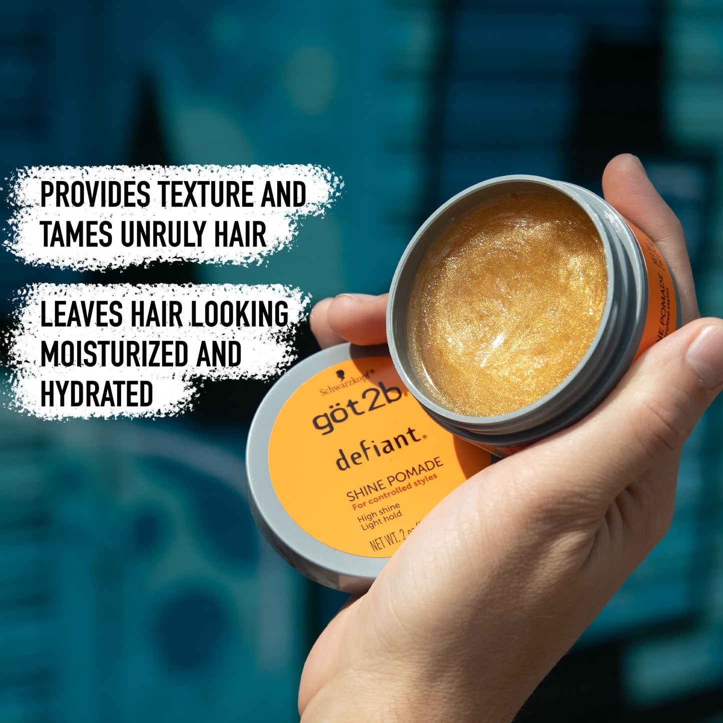 Got2B Defiant Shine Pomade packaging highlighting the flexible control formula for men and women.