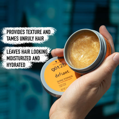 Got2B Defiant Shine Pomade packaging highlighting the flexible control formula for men and women.