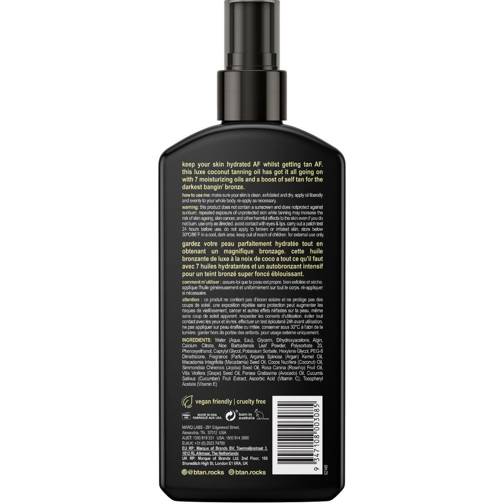 B.Tan Tanned AF tanning intensifier spray back label and ingredients