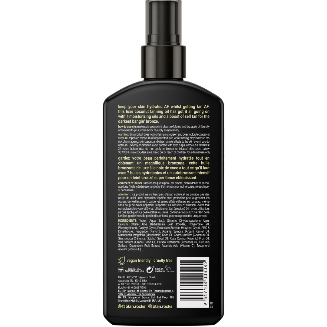 B.Tan tanning oil intensifier spray application texture