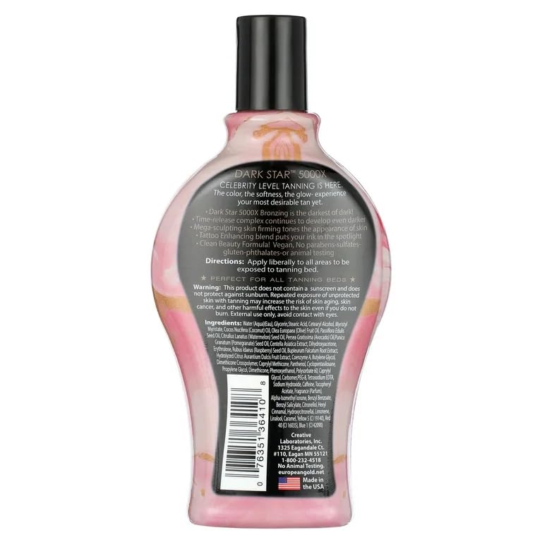 European Gold Dark Star 5000X lotion bottle next to professional tanning equipment