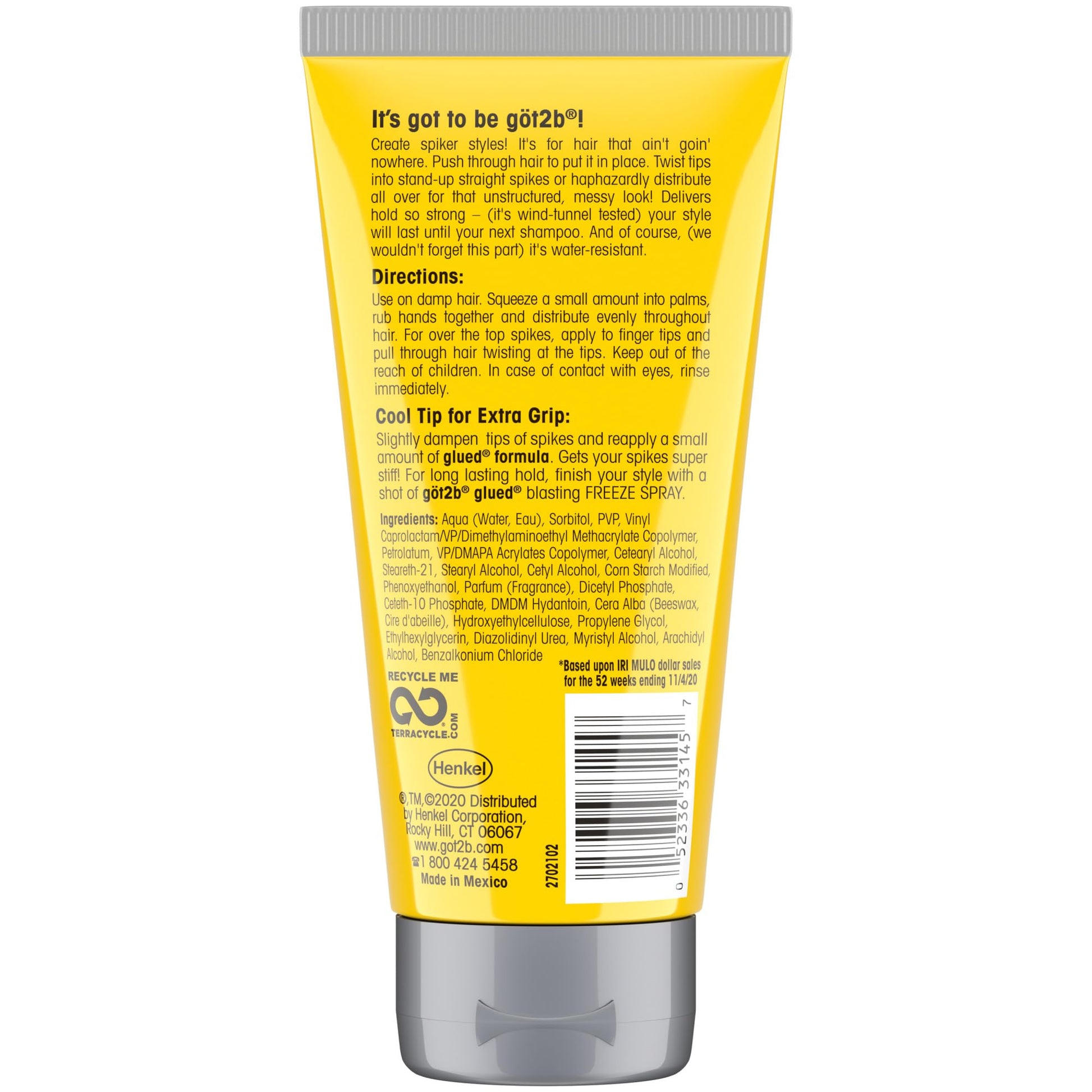 Got2B Glued Styling Spiking Glue back label showing directions for use on damp hair