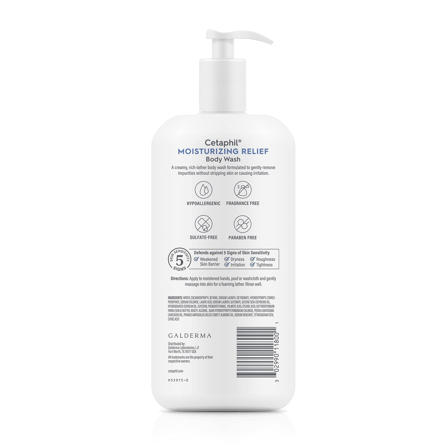 Cetaphil sensitive skin moisturizing relief body wash displayed next to natural avocado and shea butter ingredients