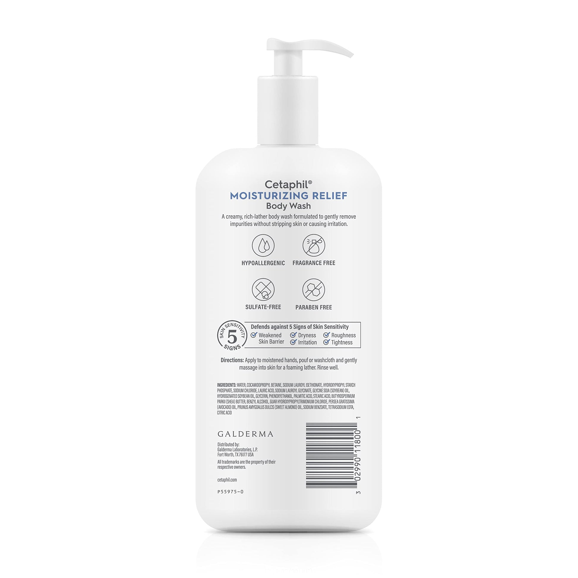 Cetaphil sensitive skin moisturizing relief body wash displayed next to natural avocado and shea butter ingredients