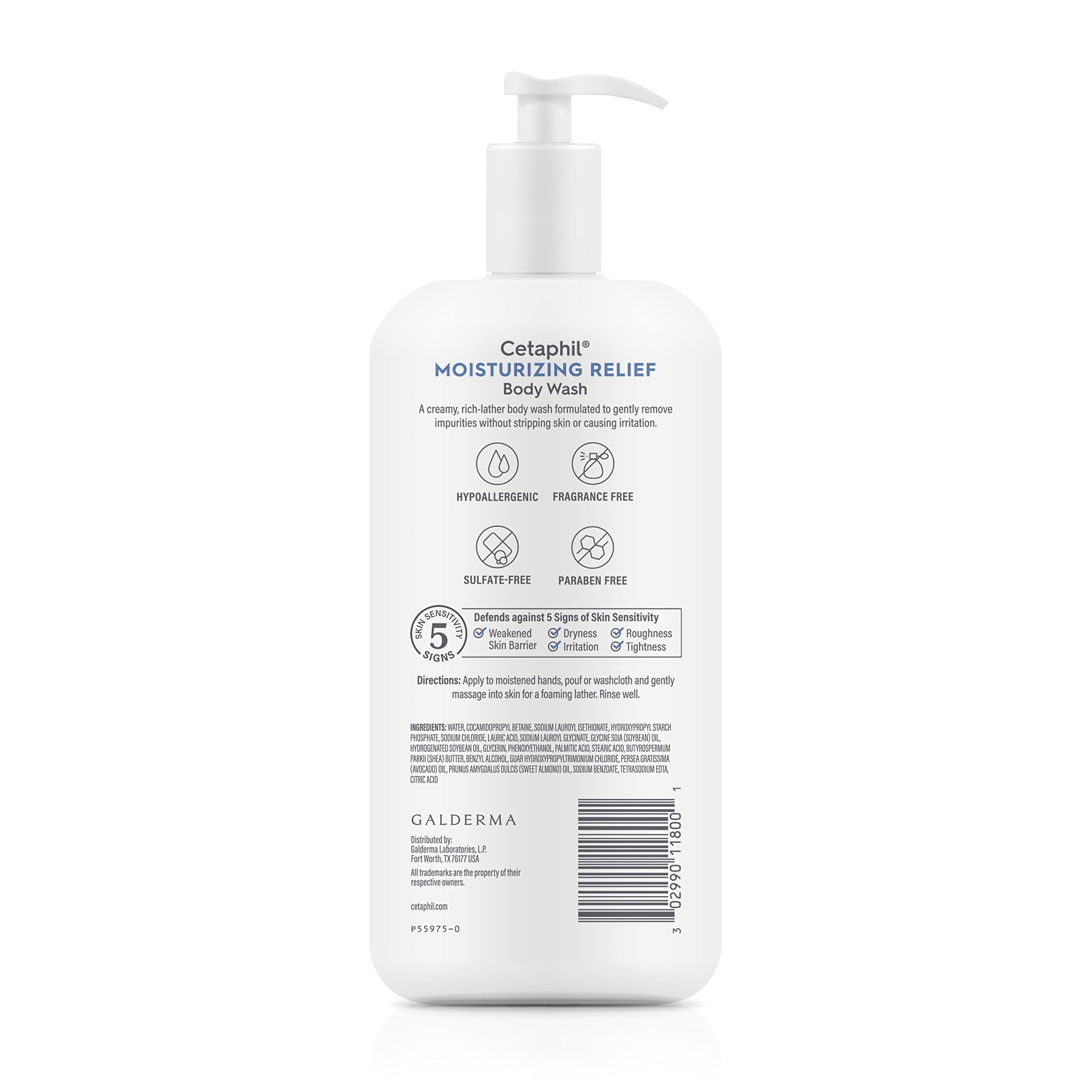 Cetaphil sensitive skin moisturizing relief body wash displayed next to natural avocado and shea butter ingredients