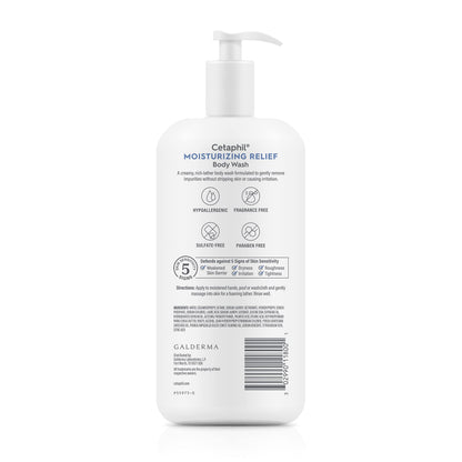 Cetaphil sensitive skin moisturizing relief body wash displayed next to natural avocado and shea butter ingredients