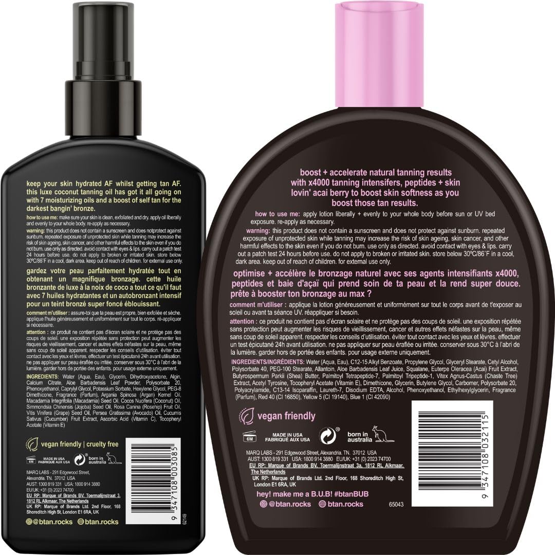 B.Tan tanning kit bundle featuring browning accelerator cream and bronzing spray.