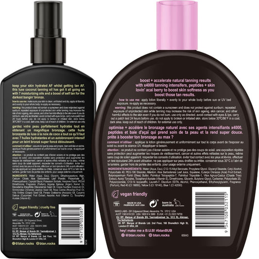 B.Tan tanning kit bundle featuring browning accelerator cream and bronzing spray.