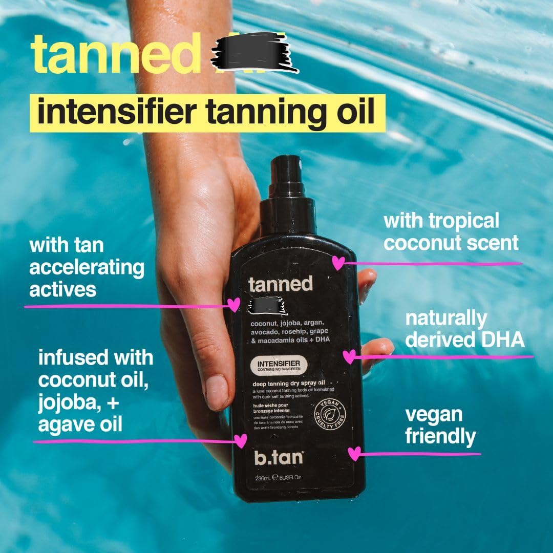 Close up of B.Tan tanning lotion packaging showing indoor and outdoor usage labels.