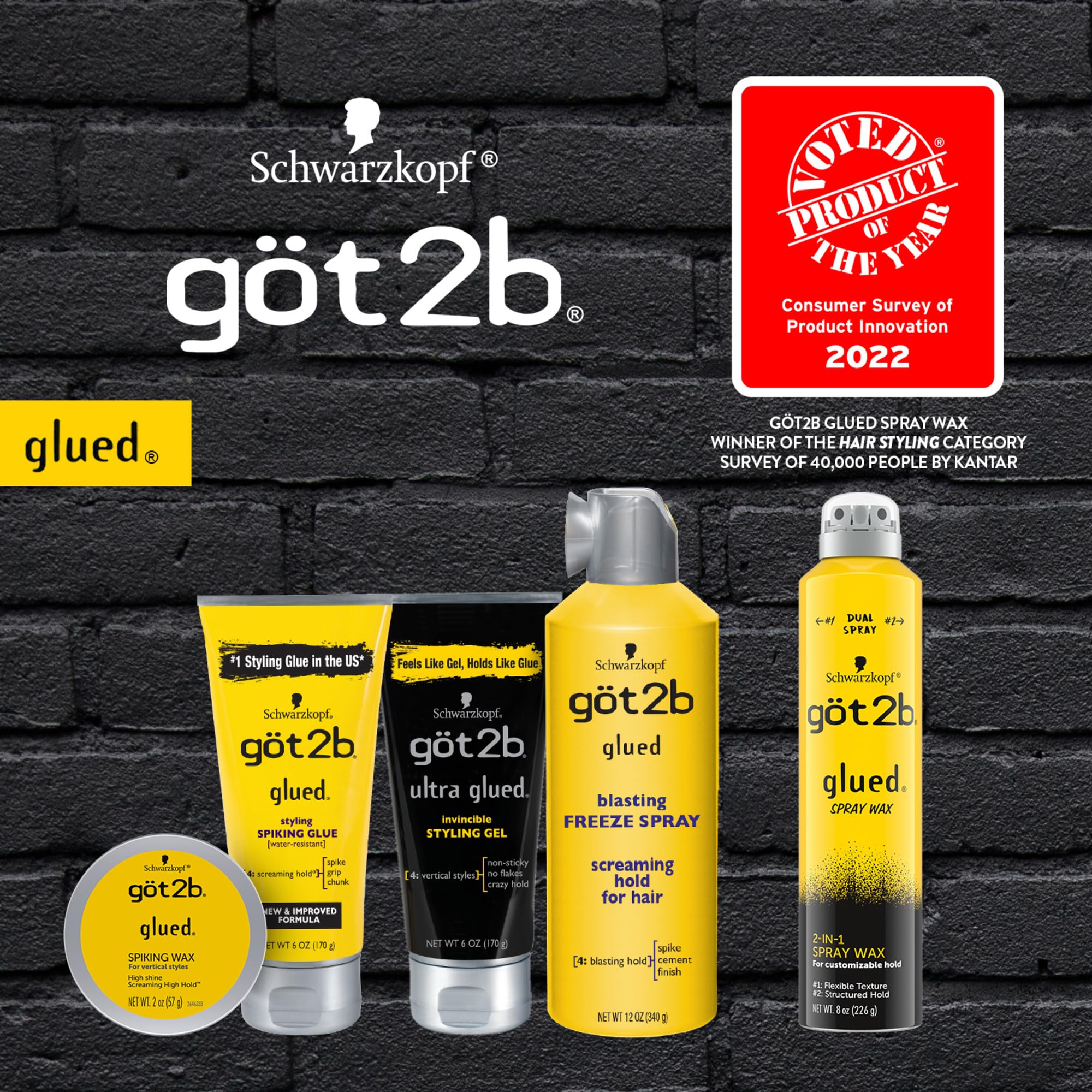 Got2b Ultra Glued extra strong hold hair gel packaging detailing the non-sticky and no-flake formula benefits