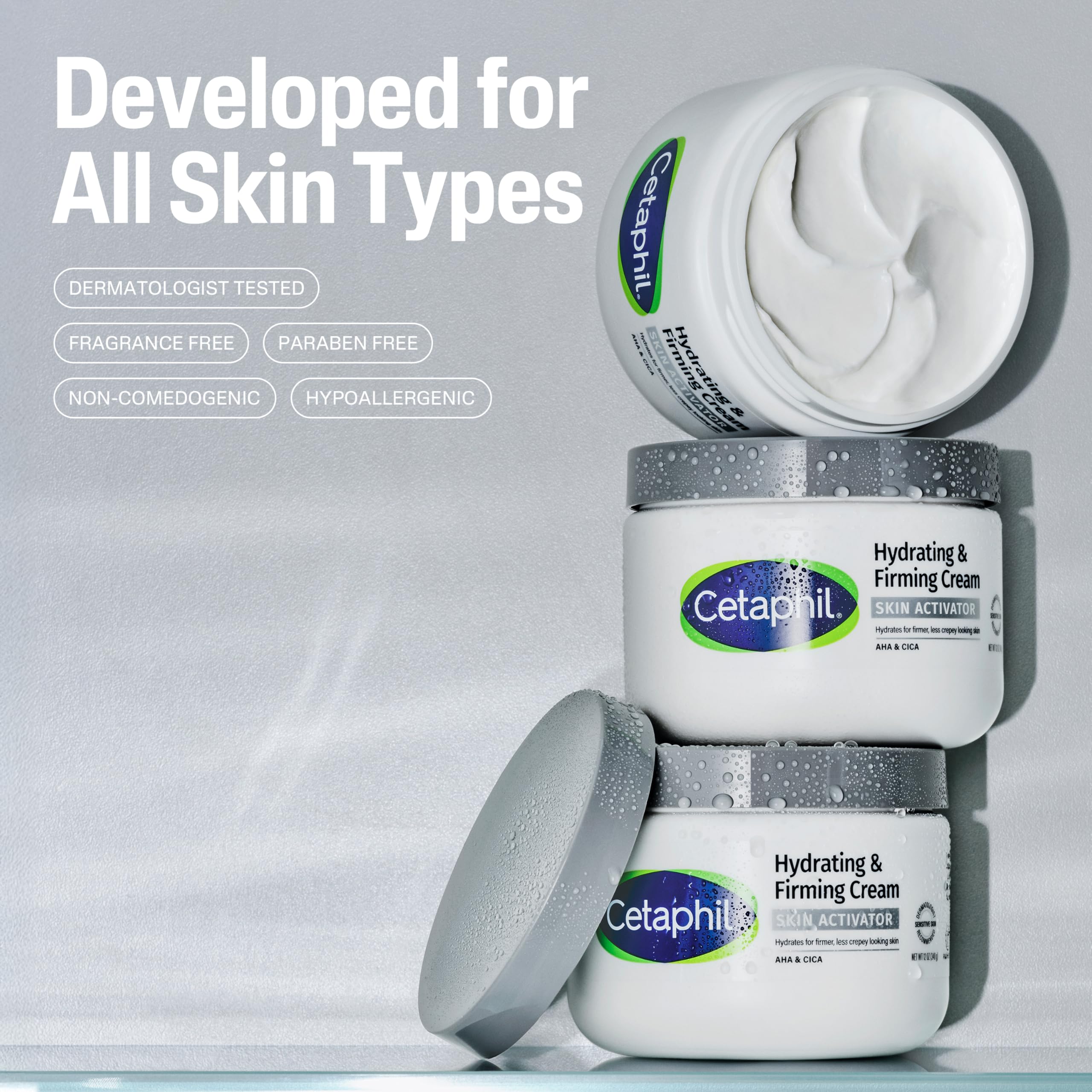 Cetaphil skin tightening body cream showing product text highlighting Mandelic Acid and CICA ingredients