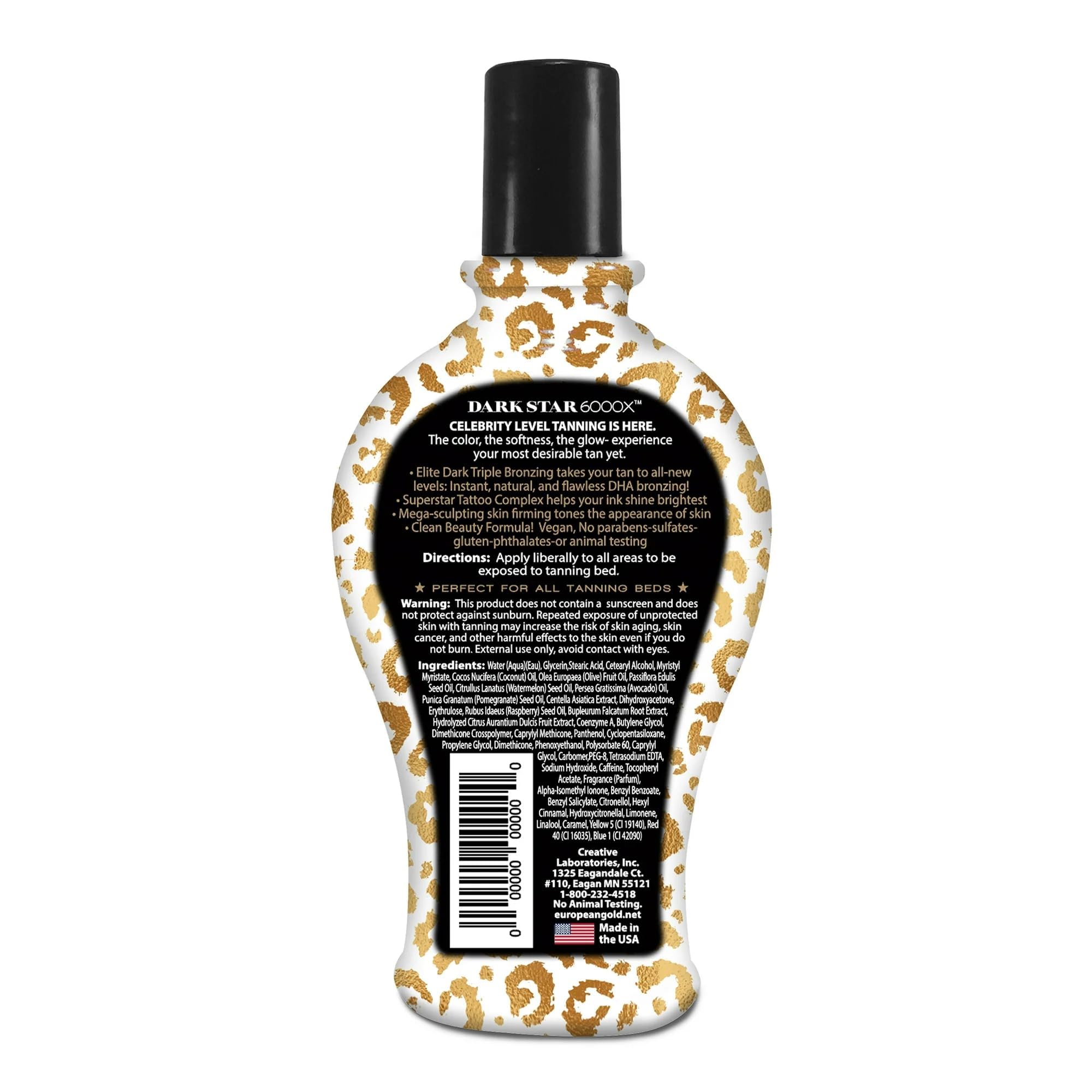 European Gold Dark Star 6000X tanning lotion packaging detail