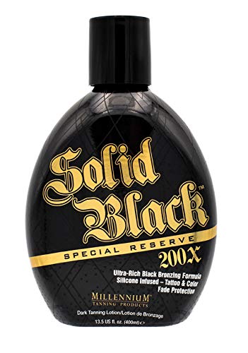 Close up of Millennium Tanning Solid Black 200X bottle branding