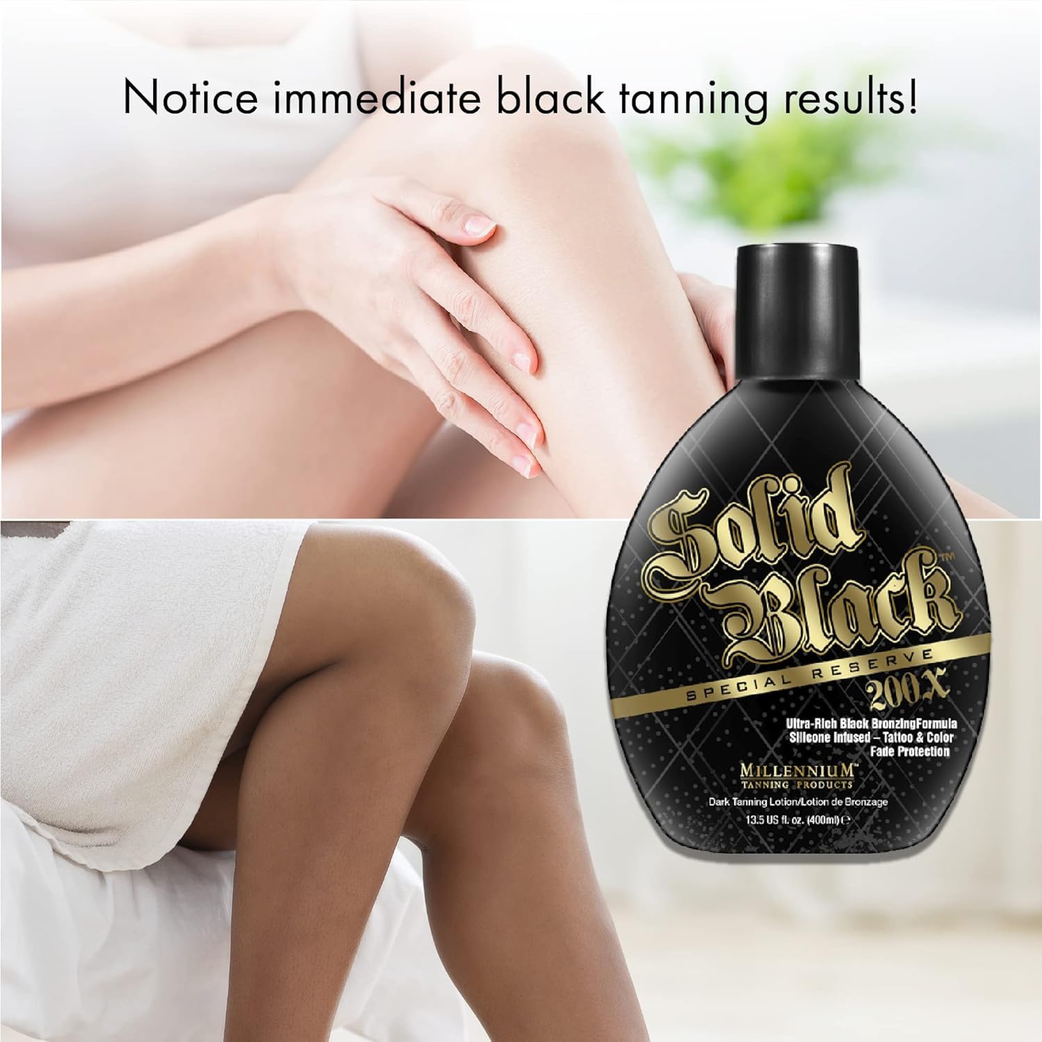 Rear view of Millennium Tanning lotion bottle with ingredient details