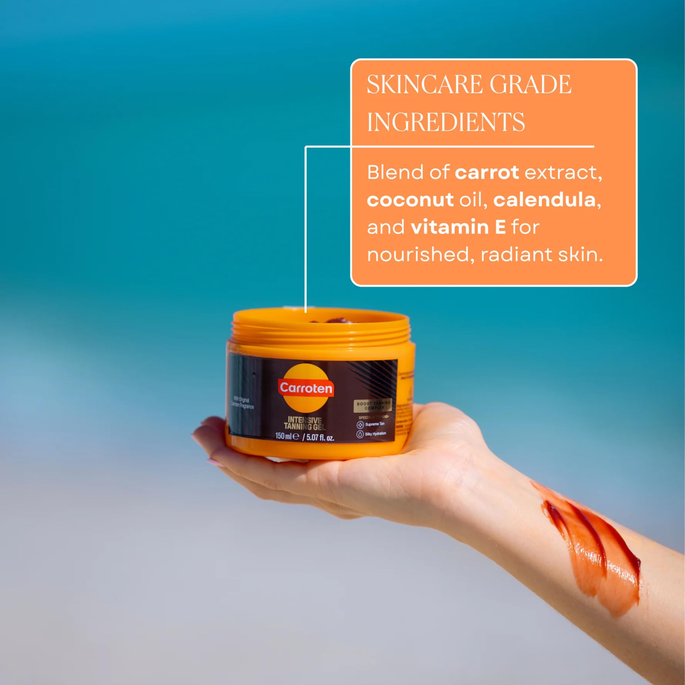 Carroten tanning gel application on skin