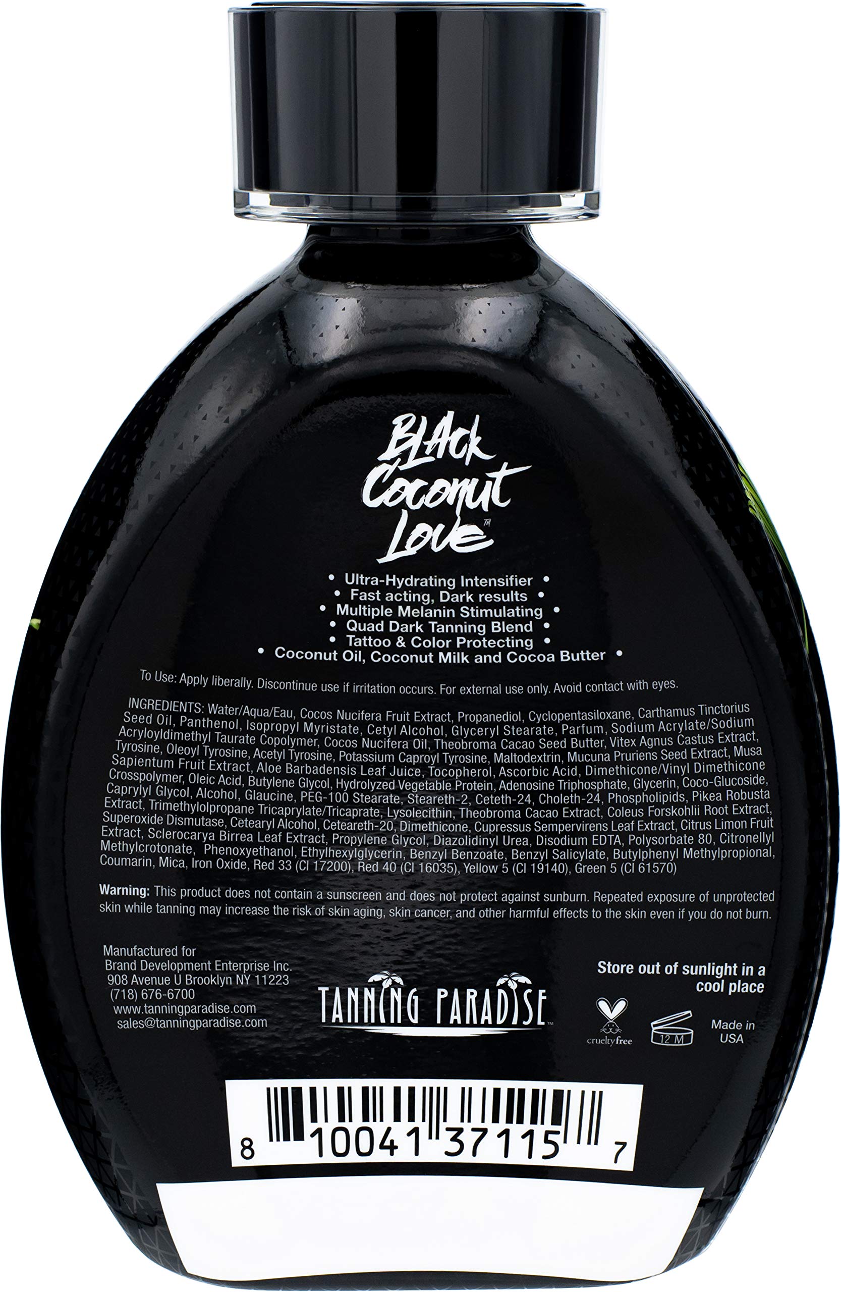 Tanning Paradise Black Coconut Love 13.5 Fluid Ounce bottle packaging details.